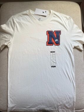 Nike White Short-Sleeve Tee with Navy & Orange 'N' Chest Logo